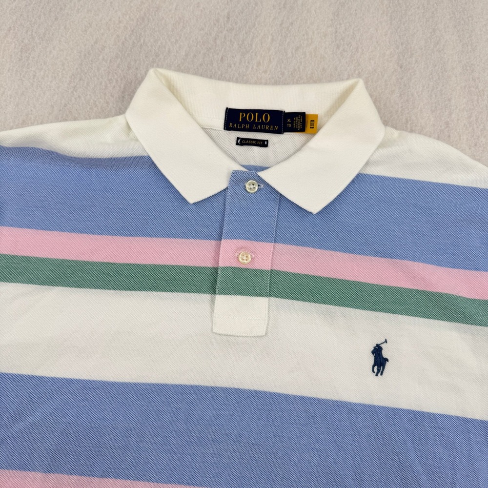 Polo Ralph Lauren Mens XL Classic Fit Short Sleeve Pique Polo White/Blue Striped